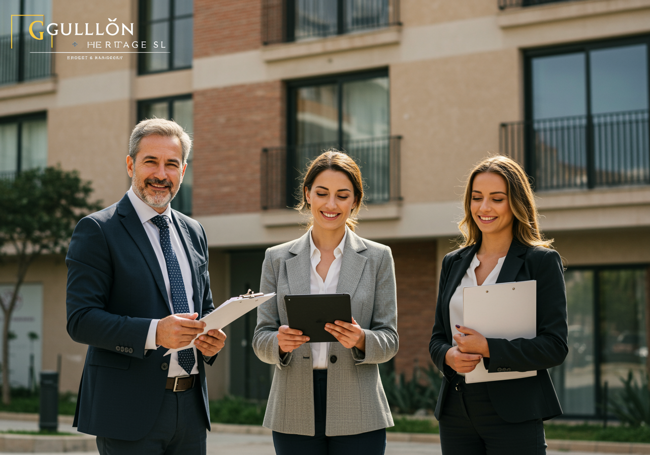 "Equipo profesional de gestión de propiedades y asesoría legal frente a un edificio residencial, transmitiendo confianza y eficiencia en un entorno moderno y luminoso."