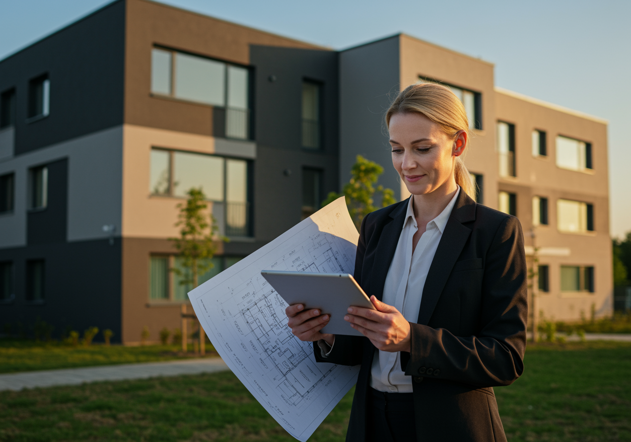 "Administradora de propiedades profesional sonriente revisando planos arquitectónicos frente a un moderno edificio residencial, transmitiendo confianza y experiencia en la gestión inmobiliaria."