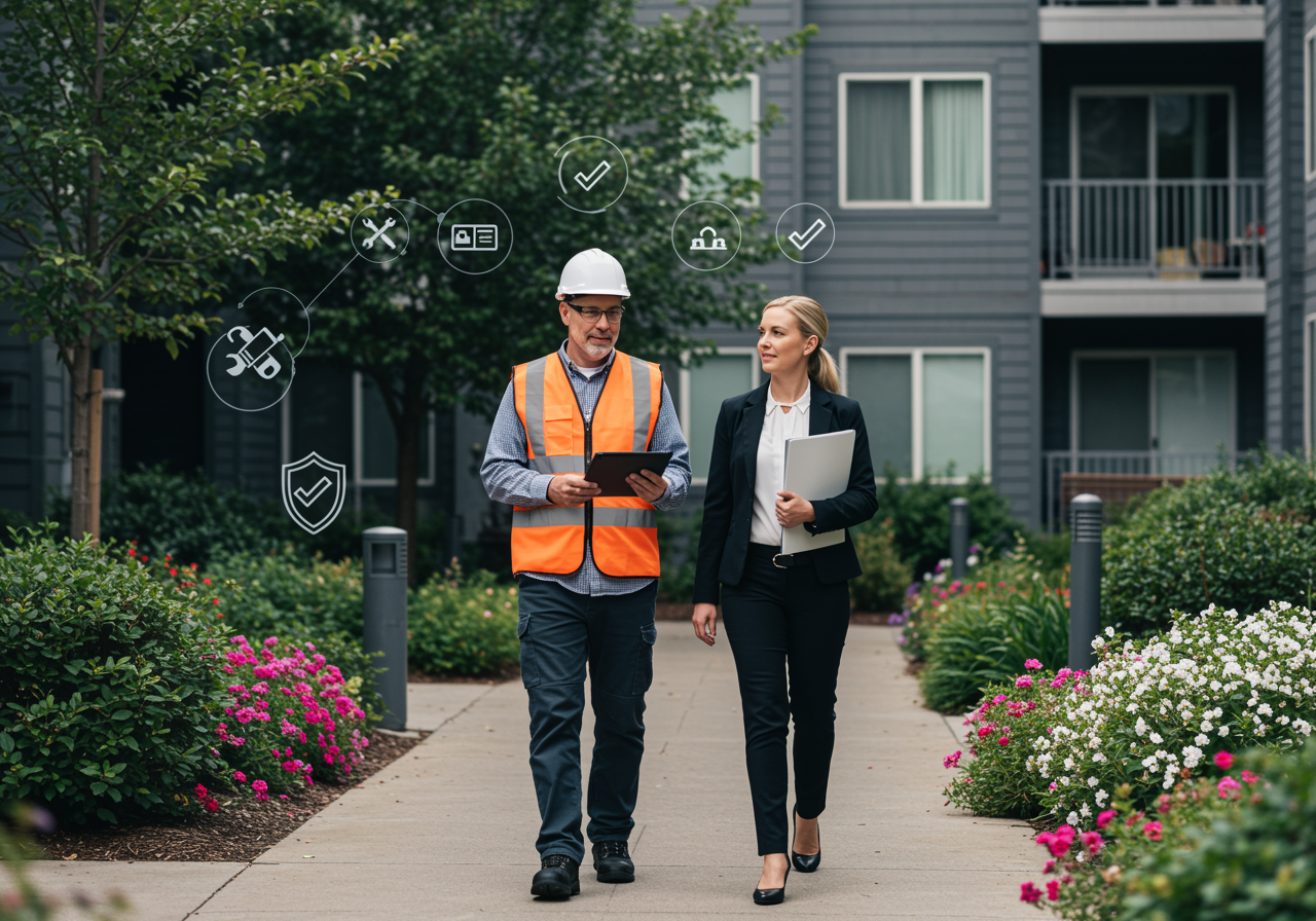 "Inspección de propiedades con asesoría legal: inspector en chaleco y asesora legal en un patio de apartamentos, rodeados de flores y iconos de mantenimiento."