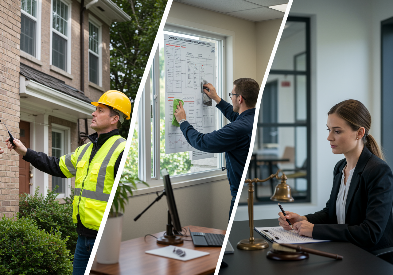 "Inspector de edificios, equipo de mantenimiento y abogada revisando estatutos comunitarios en una imagen que representa la evaluación y conservación de propiedades."