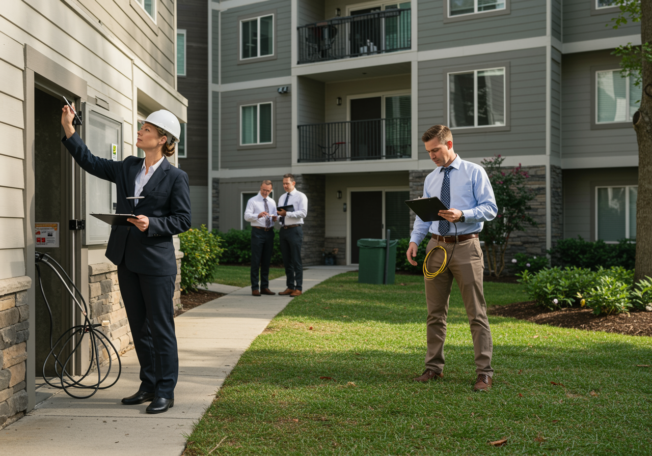 imagen13 3 "Inspección detallada de un condominio por un inspector y un técnico, resaltando el mantenimiento y la gestión comunitaria en un entorno profesional."