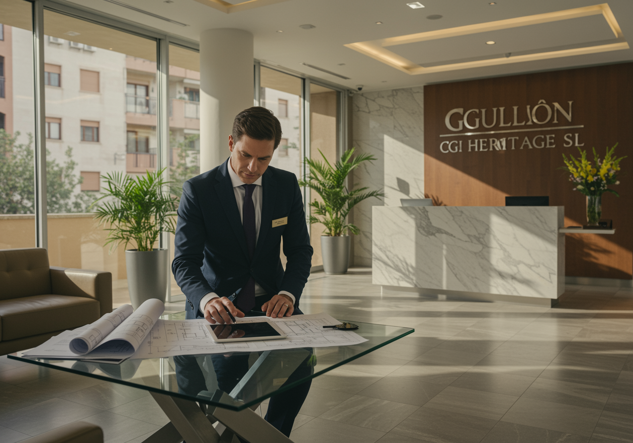 "Gestor de propiedades profesional revisando planos y documentos legales en una oficina moderna y luminosa, transmitiendo confianza y profesionalismo en un ambiente minimalista."