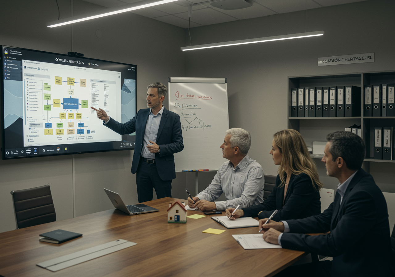"Imagen de un asesor legal blanco en traje de negocios dirigiendo una reunión con propietarios, mostrando gráficos de procesos y presupuestos comunitarios en una pantalla digital, simbolizando confianza y asesoría especializada."