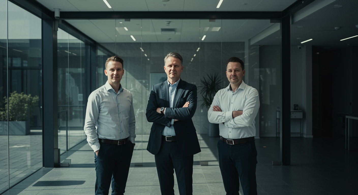 "Retrato de tres profesionales blancos en trajes de negocios en una moderna oficina con paredes de vidrio, transmitiendo confianza y compromiso con los clientes."
